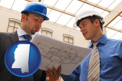 mississippi map icon and two architects reviewing blueprints