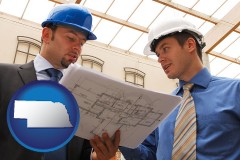 nebraska map icon and two architects reviewing blueprints