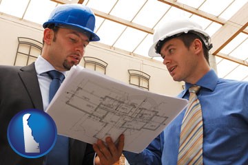 two architects reviewing blueprints - with Delaware icon