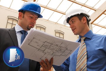 two architects reviewing blueprints - with Rhode Island icon