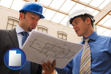 two architects reviewing blueprints - with Utah icon