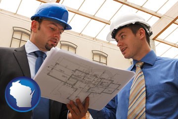 two architects reviewing blueprints - with Wisconsin icon
