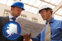 alaska map icon and two architects reviewing blueprints
