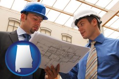 alabama map icon and two architects reviewing blueprints