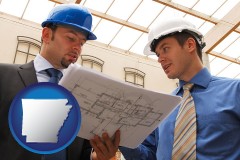 arkansas map icon and two architects reviewing blueprints