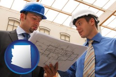 arizona map icon and two architects reviewing blueprints