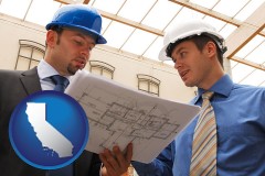 california map icon and two architects reviewing blueprints