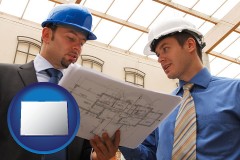 colorado map icon and two architects reviewing blueprints