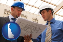 delaware map icon and two architects reviewing blueprints