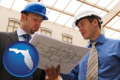 florida map icon and two architects reviewing blueprints