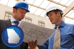 georgia map icon and two architects reviewing blueprints