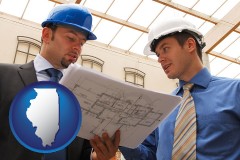 illinois map icon and two architects reviewing blueprints