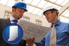 indiana map icon and two architects reviewing blueprints