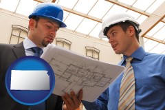 kansas map icon and two architects reviewing blueprints