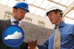 kentucky map icon and two architects reviewing blueprints