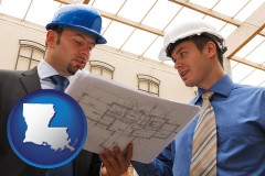 louisiana map icon and two architects reviewing blueprints