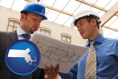 massachusetts map icon and two architects reviewing blueprints