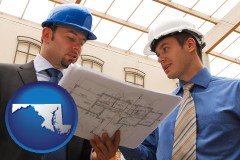maryland map icon and two architects reviewing blueprints