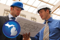 michigan map icon and two architects reviewing blueprints