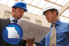 missouri map icon and two architects reviewing blueprints