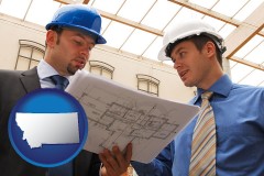 montana map icon and two architects reviewing blueprints