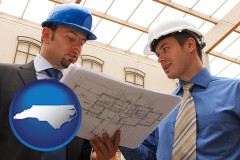 north-carolina map icon and two architects reviewing blueprints