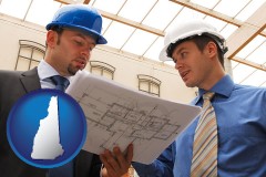 new-hampshire map icon and two architects reviewing blueprints