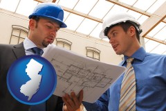 new-jersey map icon and two architects reviewing blueprints