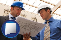 new-mexico map icon and two architects reviewing blueprints