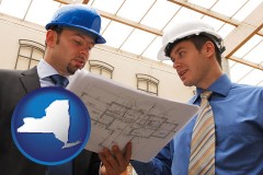 new-york map icon and two architects reviewing blueprints