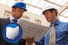 ohio map icon and two architects reviewing blueprints