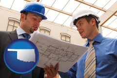 oklahoma map icon and two architects reviewing blueprints