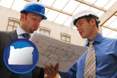 oregon map icon and two architects reviewing blueprints