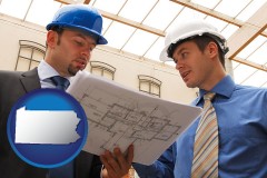 pennsylvania map icon and two architects reviewing blueprints