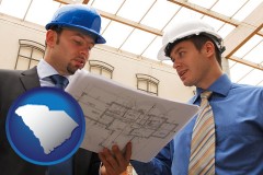 south-carolina map icon and two architects reviewing blueprints