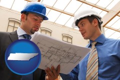 tennessee map icon and two architects reviewing blueprints