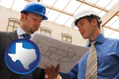 texas map icon and two architects reviewing blueprints