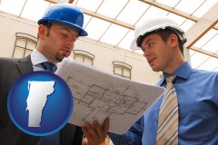 vermont map icon and two architects reviewing blueprints