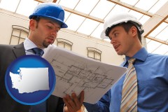 washington map icon and two architects reviewing blueprints