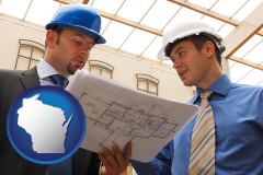 wisconsin map icon and two architects reviewing blueprints